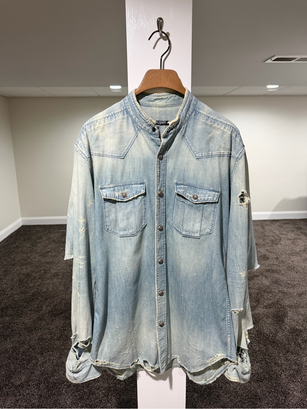 Balmain SS18 Distressed Light Blue Wash Denim Button Shirt